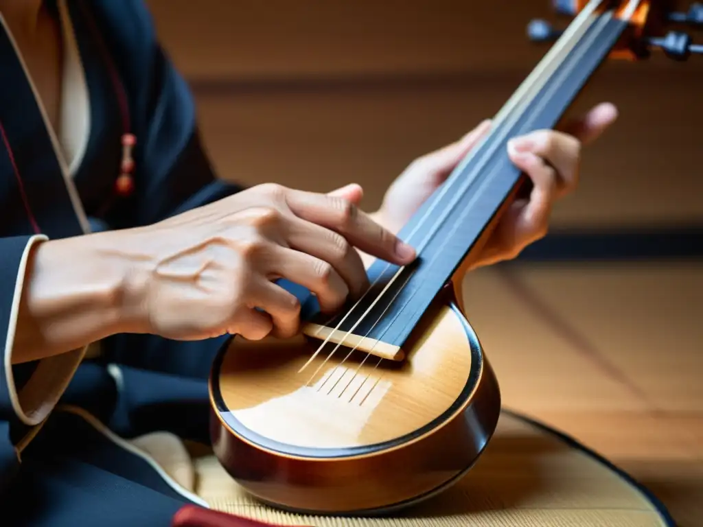 Las hábiles manos de un intérprete de shamisen, resaltando la riqueza de la tradición musical japonesa, la historia y sonido del shamisen japonés