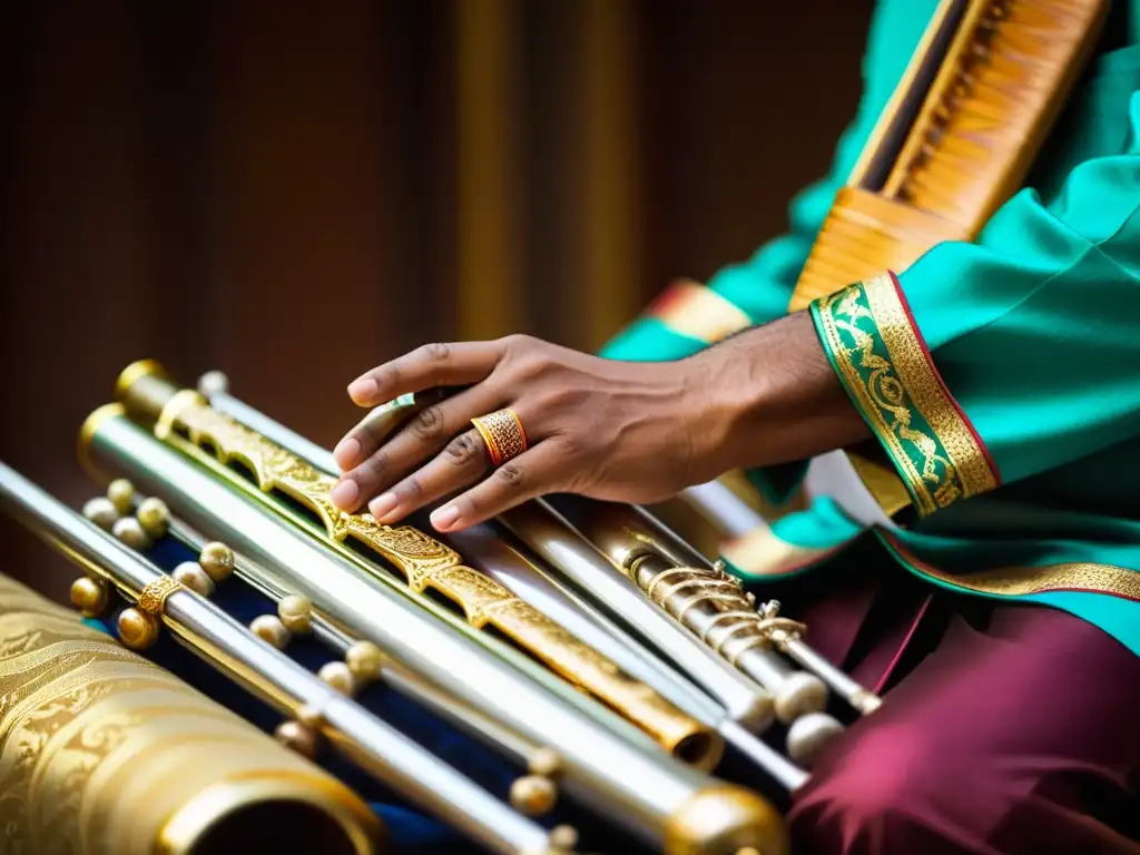 Las hábiles manos de un intérprete de shehnai maniobran el intrincado instrumento, con una intensa concentración