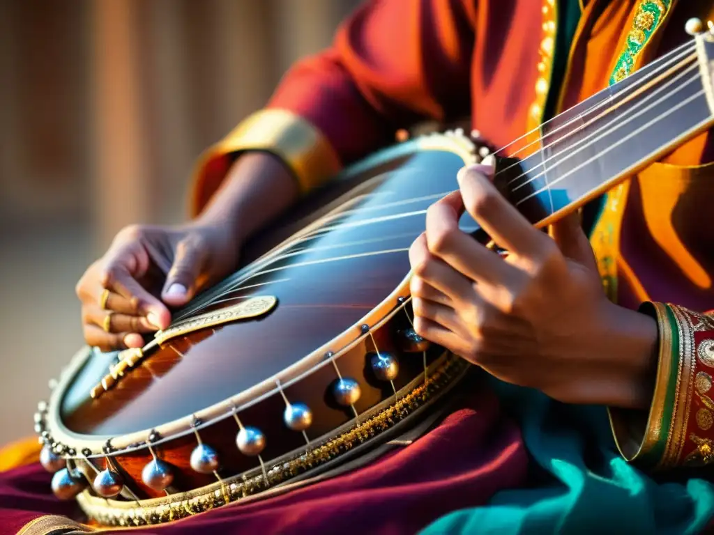 Las hábiles manos del intérprete de sitar dan vida a las cuerdas en un entorno culturalmente rico con influencia psicodélica del sitar indio