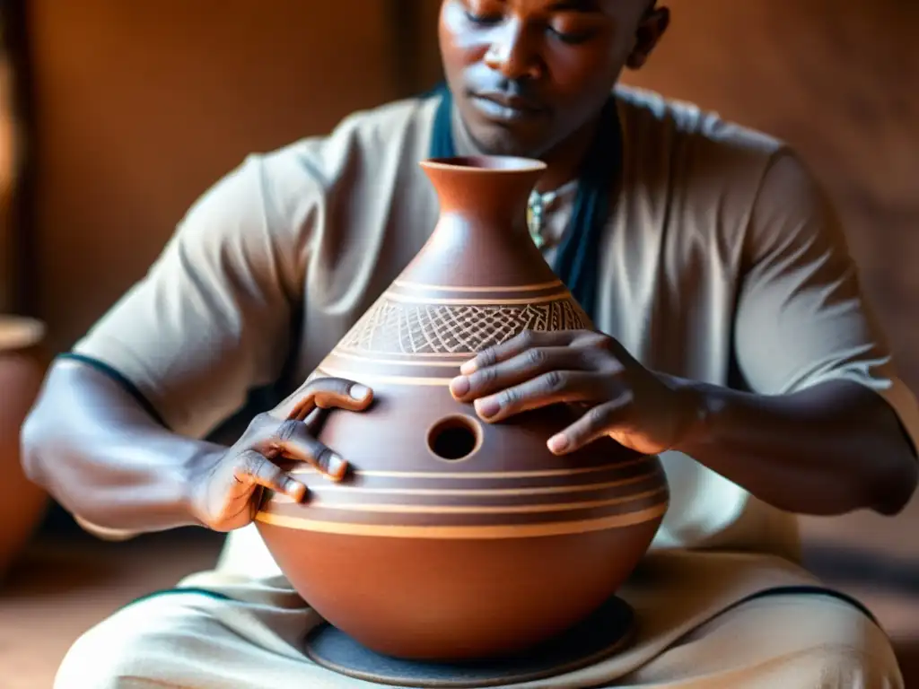 Las hábiles manos de un músico africano moldeando y tocando el udu en detalle, iluminadas por una cálida luz natural