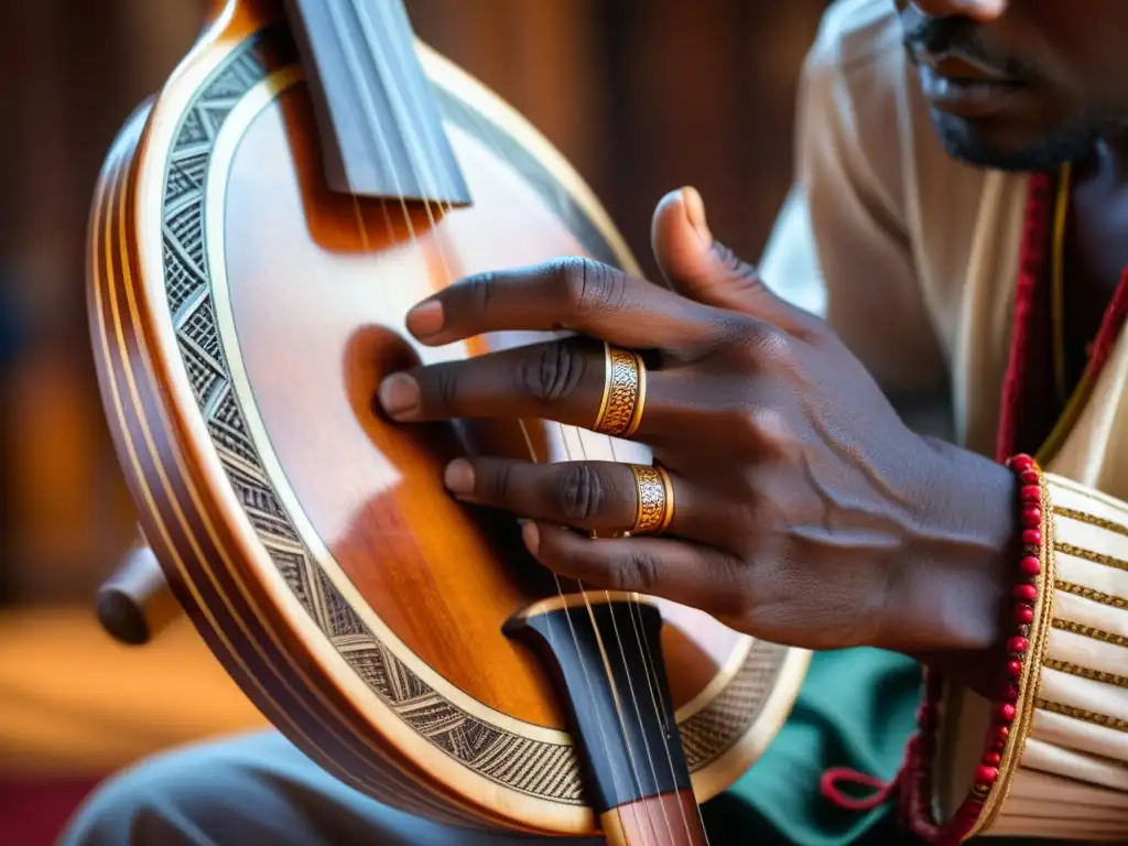 Las hábiles manos de un músico tocan el Kora africano, revelando la rica madera y detallados grabados del instrumento