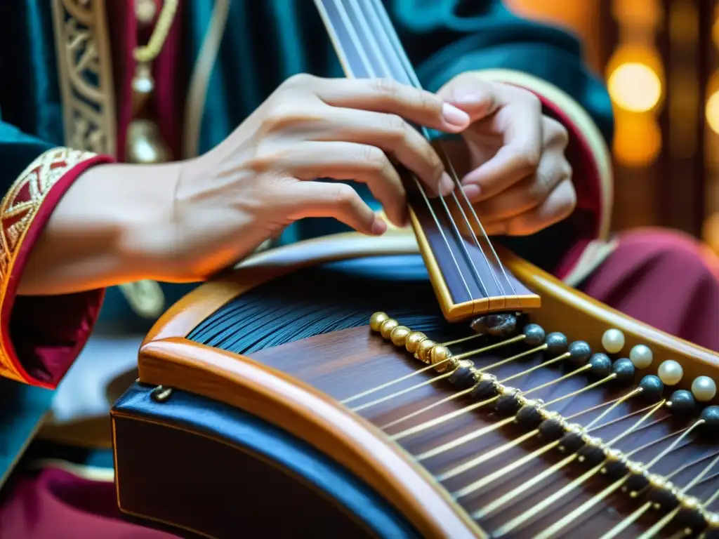 Las hábiles manos de un músico tocan el Qanun árabe, mostrando detalle y expresión