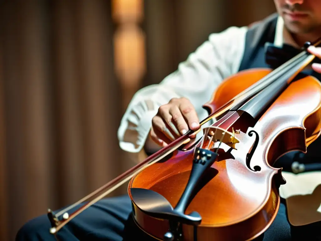 Las hábiles manos de un músico dirigen el arco sobre las cuerdas de un violín de madera en una apasionada interpretación de la música celta