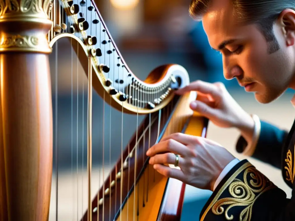 Las hábiles manos de un músico tocan el arpa en un festival, transmitiendo arte y dedicación