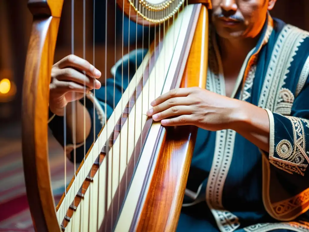 Las hábiles manos de un músico tocan el arpa paraguaya, resaltando el legado cultural del sonido del arpa paraguaya