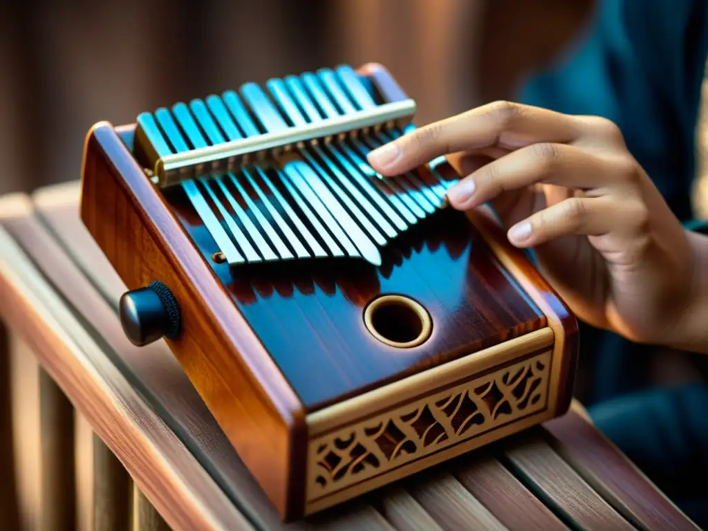 Las hábiles manos de un músico asiático tocan una hermosa kalimba, destacando la historia y sonido de la kalimba asiática