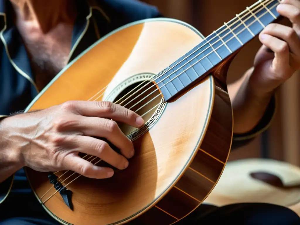 Las hábiles manos de un músico tocando el bouzouki griego, destacando la artesanía del instrumento y la expresión concentrada del músico