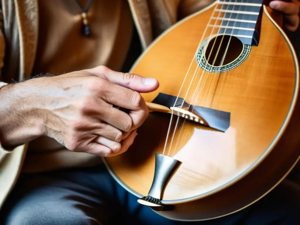 Las hábiles manos de un músico tocando el bouzouki griego con pasión y autenticidad, resaltando la riqueza cultural y musical