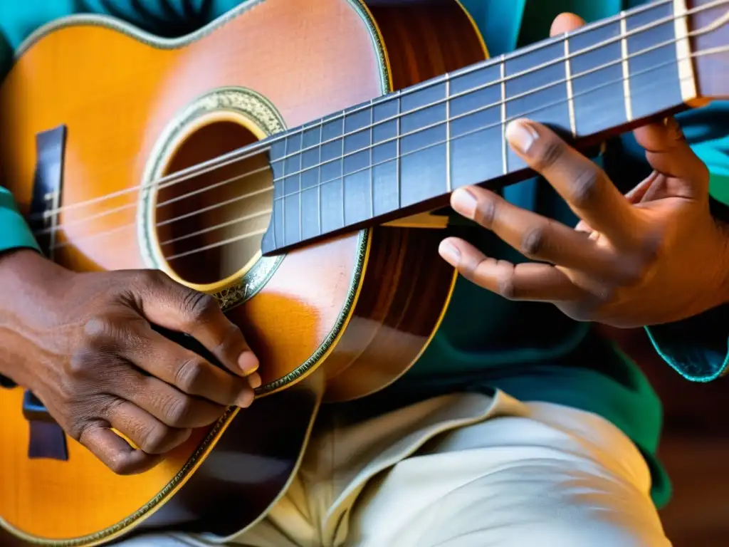 Las hábiles manos de un músico tocando el cavaquinho, mostrando la concentración y pasión en su rostro