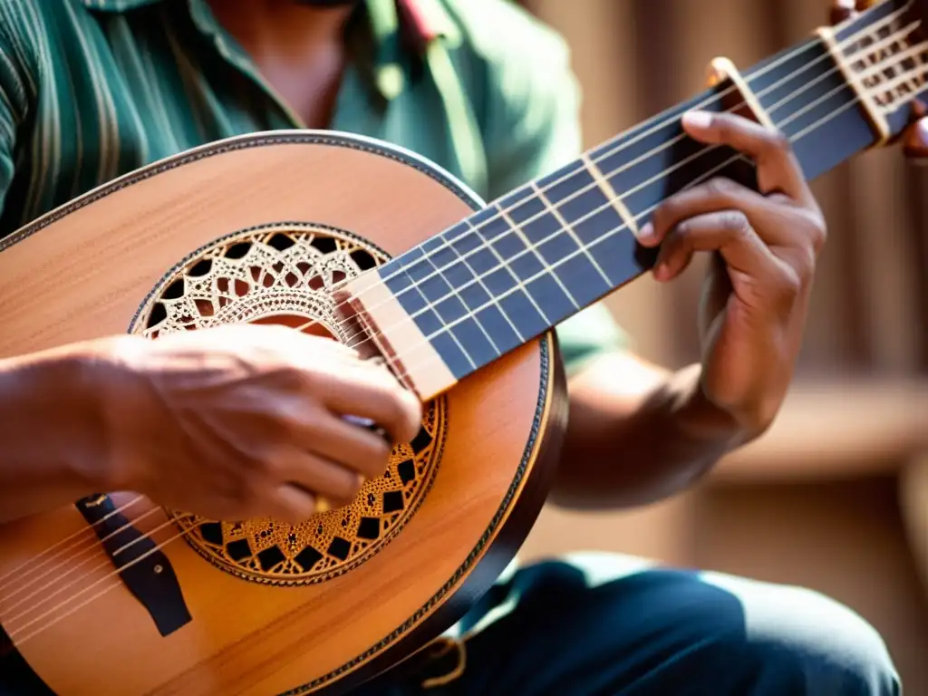 Las hábiles manos de un músico interpretando el charango instrumento andino con pasión y destreza, destacando su artesanía