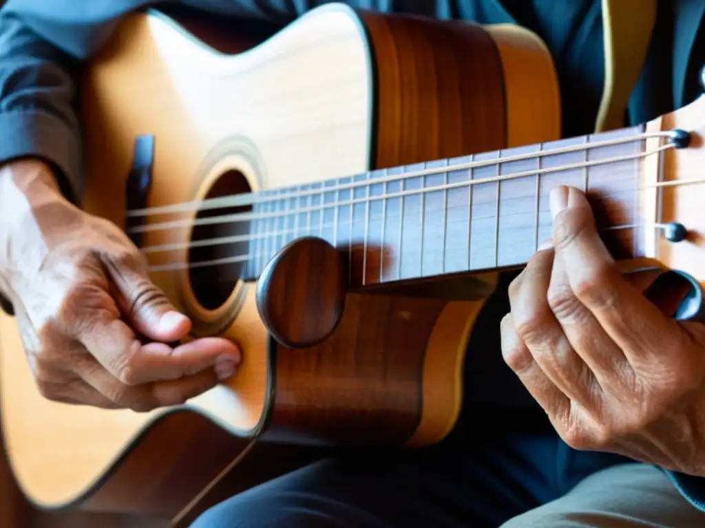 Las hábiles manos de un músico tocan el Guitarrón Chileno bajo acústico, revelando su destreza y pasión por la música latinoamericana