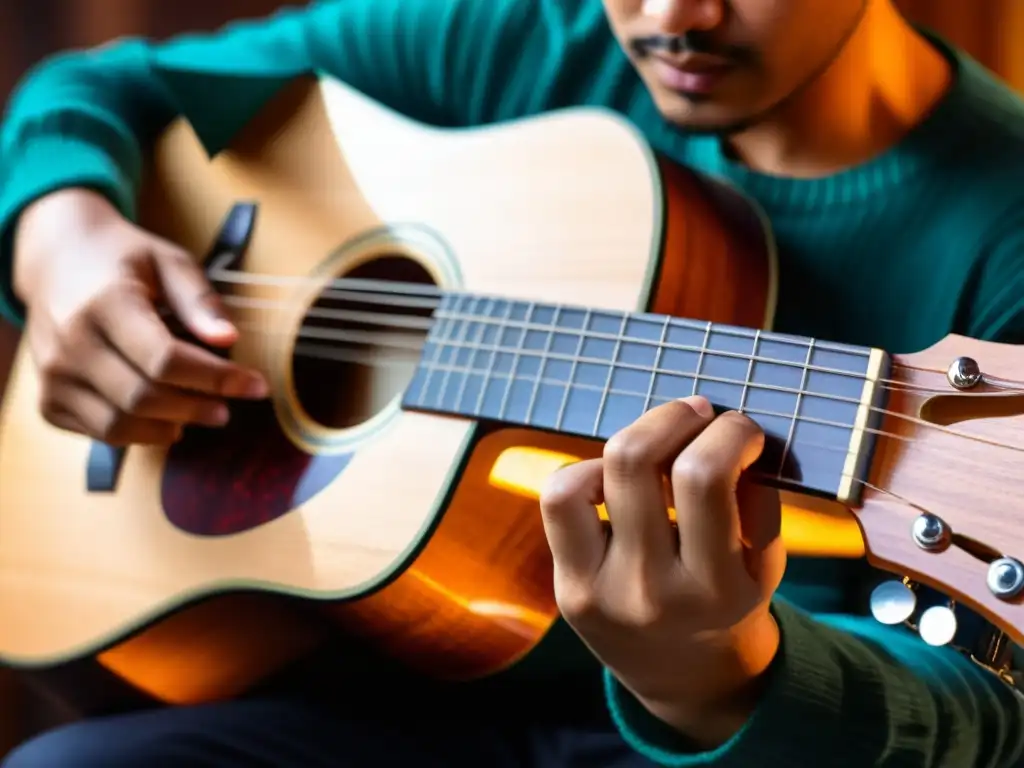 Las hábiles manos de un músico tocan el Guitarrón Chileno bajo acústico, expresando la riqueza de la música tradicional chilena