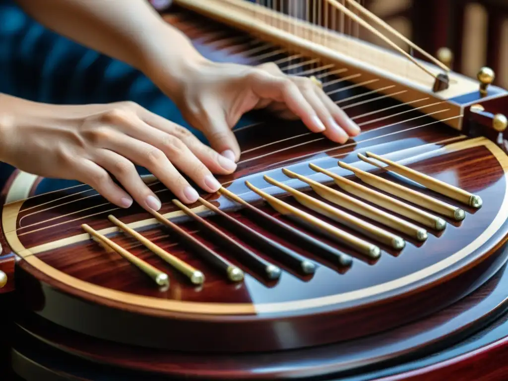 Las hábiles manos de un músico chino tocan el guzheng, revelando su historia y sonido