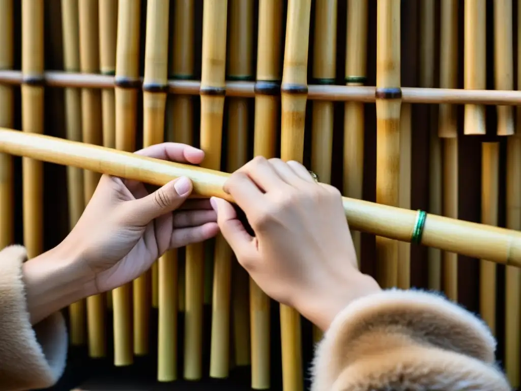 Las hábiles manos de un músico chino manipulan con destreza el hulusi, revelando su elaborada artesanía y la destreza del intérprete