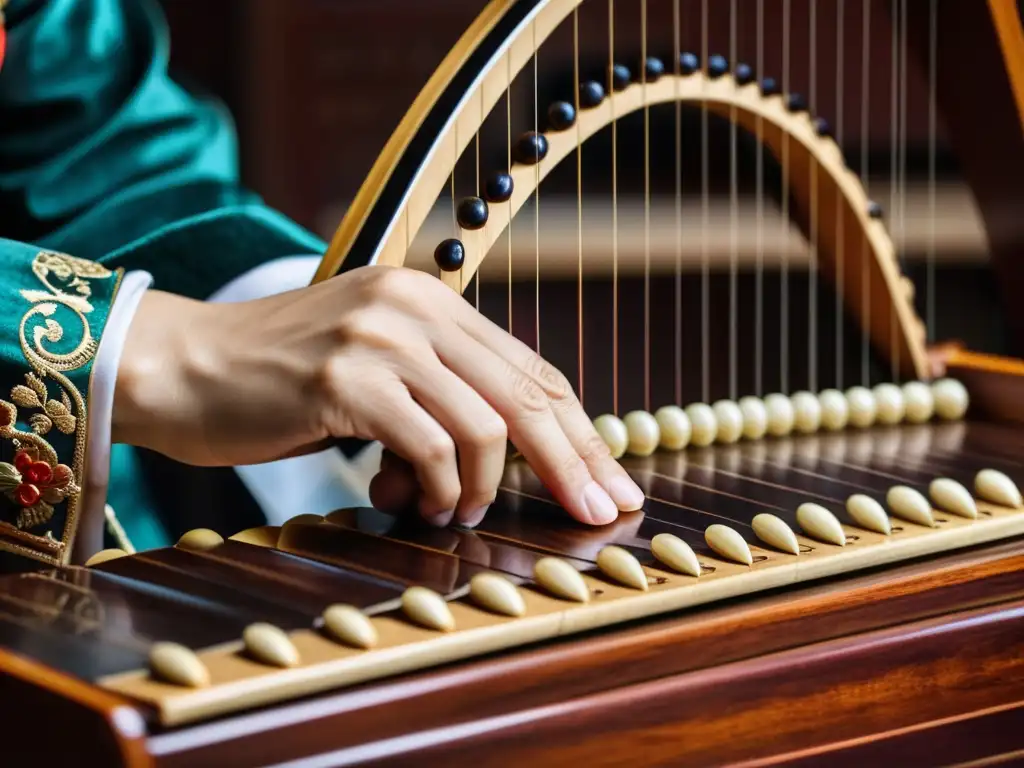 Las hábiles manos de un músico interpretan el guzheng chino, mostrando la técnica y la influencia cultural del instrumento