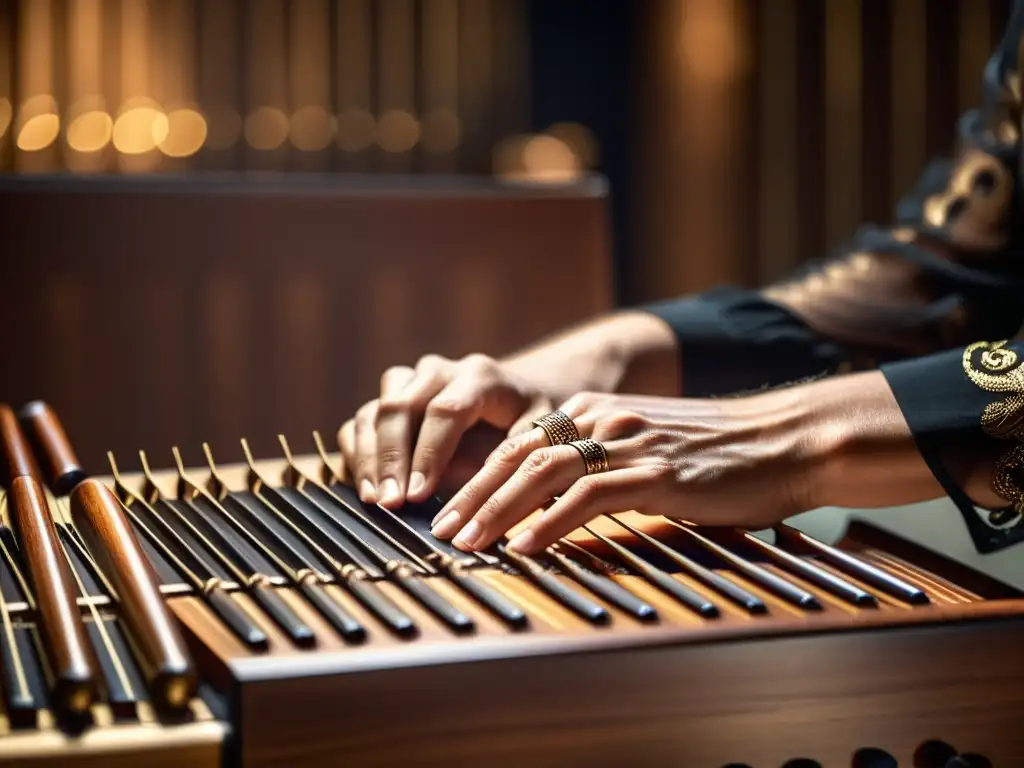 Las hábiles manos de un músico interpretando el címbalo, capturando la esencia de la música clásica