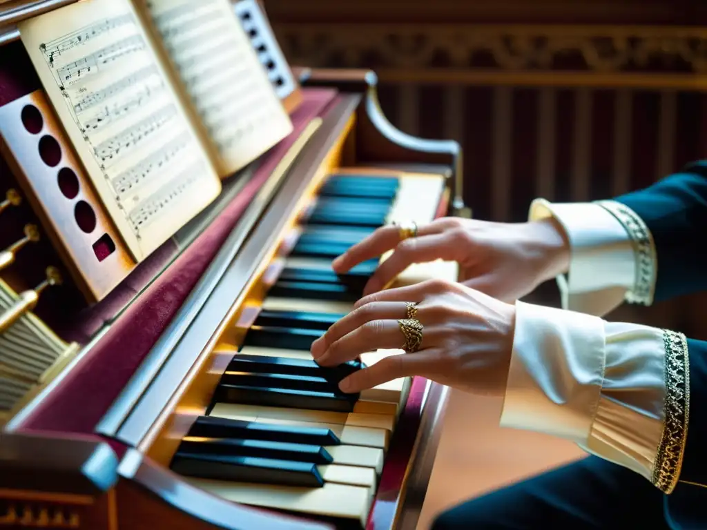 Las hábiles manos de un músico improvisando en un clavecín, con expresión concentrada y elegante diseño barroco