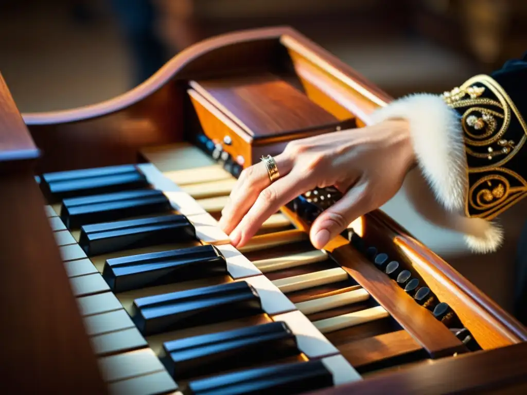 Las hábiles manos de un músico interpretando el clavecín, transmitiendo la esencia de la improvisación en música barroca con elegancia y concentración