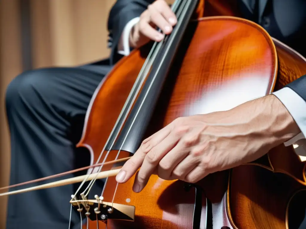 Las hábiles manos de un músico interpretando el contrabajo acústico, destacando la artesanía y el sonido del instrumento en la música brasileña Choro