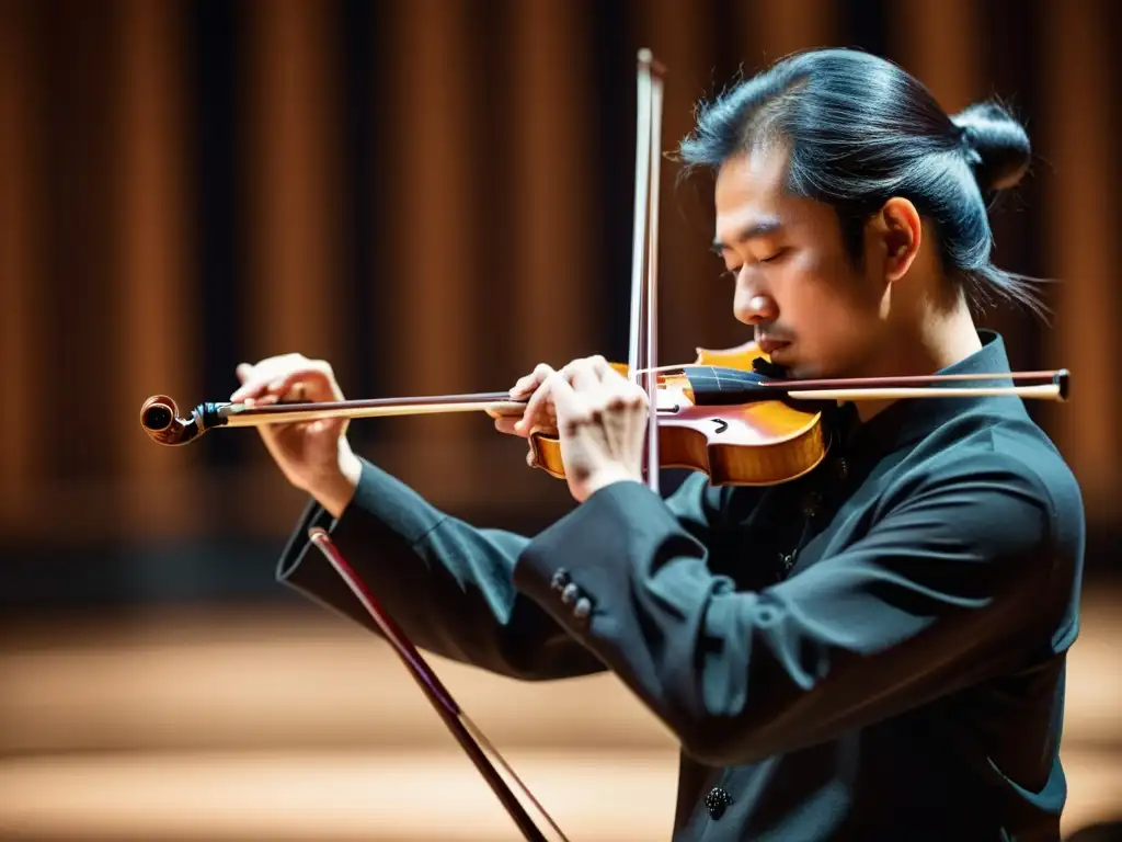 Las hábiles manos de un músico maniobran las cuerdas del erhu en un escenario tenue, con el arco en movimiento