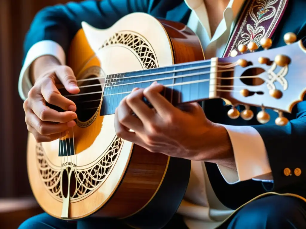 Las hábiles manos de un músico pulsando las cuerdas ornamentadas de un oud árabe, conectando con sus raíces culturales