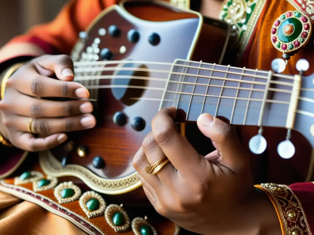 Las hábiles manos de un músico de sitar pluck las cuerdas con precisión, mostrando la elegancia y destreza de las técnicas modernas de sitar