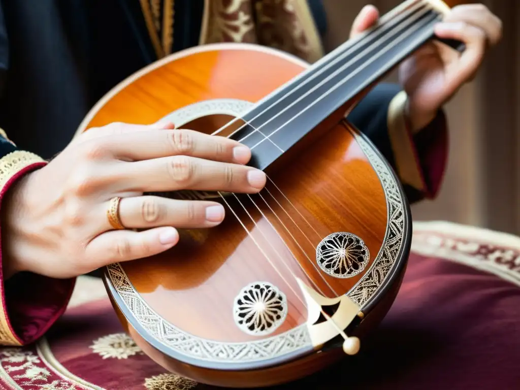 Las hábiles manos de un músico acarician las cuerdas de un oud árabe, destacando la artesanía y relevancia cultural del instrumento