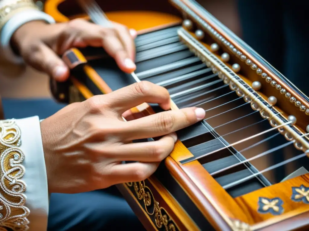 Las hábiles manos de un músico tocan con delicadeza las cuerdas de un Ronroco, exudando tradición y melodías de la música contemporánea