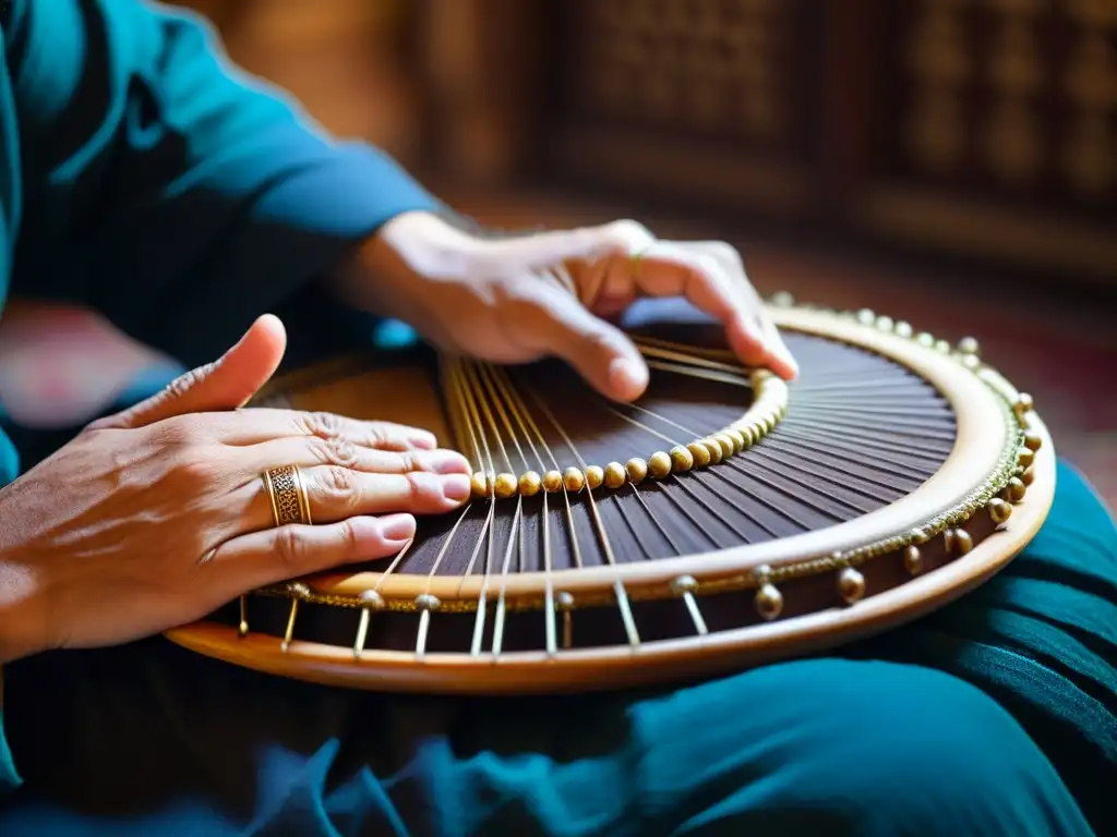 Las hábiles manos de un músico tocan la Santur Persa, mostrando pasión y destreza