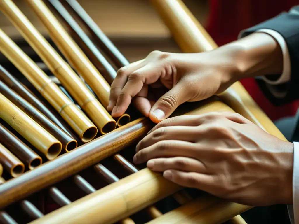 Las hábiles manos de un músico manipulan con destreza las cañas de un sheng chino, mostrando la historia y construcción del sheng