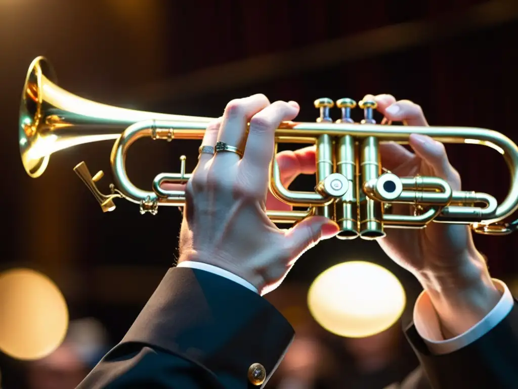 Las hábiles manos del músico manipulan con destreza las válvulas de una brillante corneta, reflejando el entorno del concierto