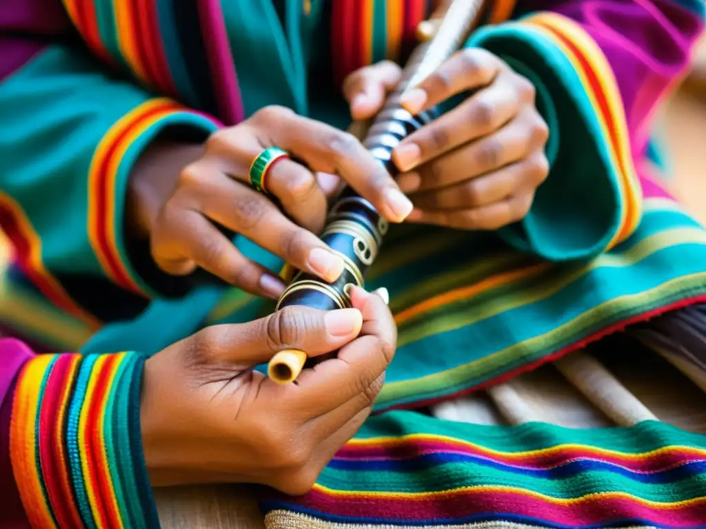 Las hábiles manos de un músico tocan con destreza una quena andina, simbolizando su papel en la música de fusión