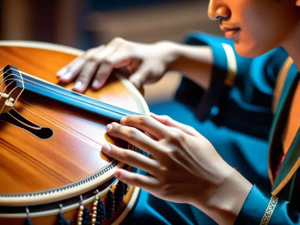 Las hábiles manos de un músico tocan delicadamente el Kanun, mostrando la destreza y concentración