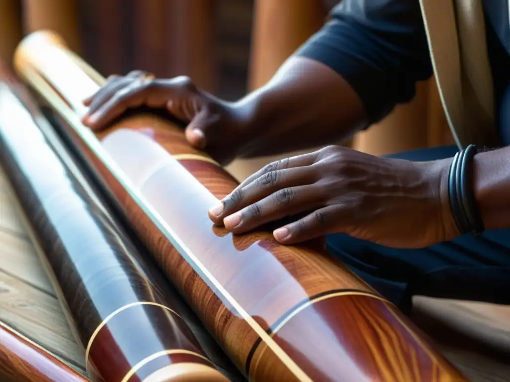 Las hábiles manos de un músico manipulan el didgeridoo, resaltando sus detalles y texturas