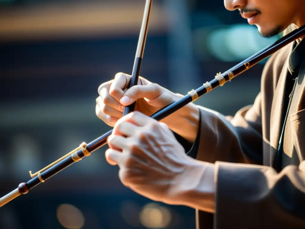 Las hábiles manos de un músico interpretando el erhu, resaltando la conexión entre la artesanía terrenal y el espíritu celestial de la música