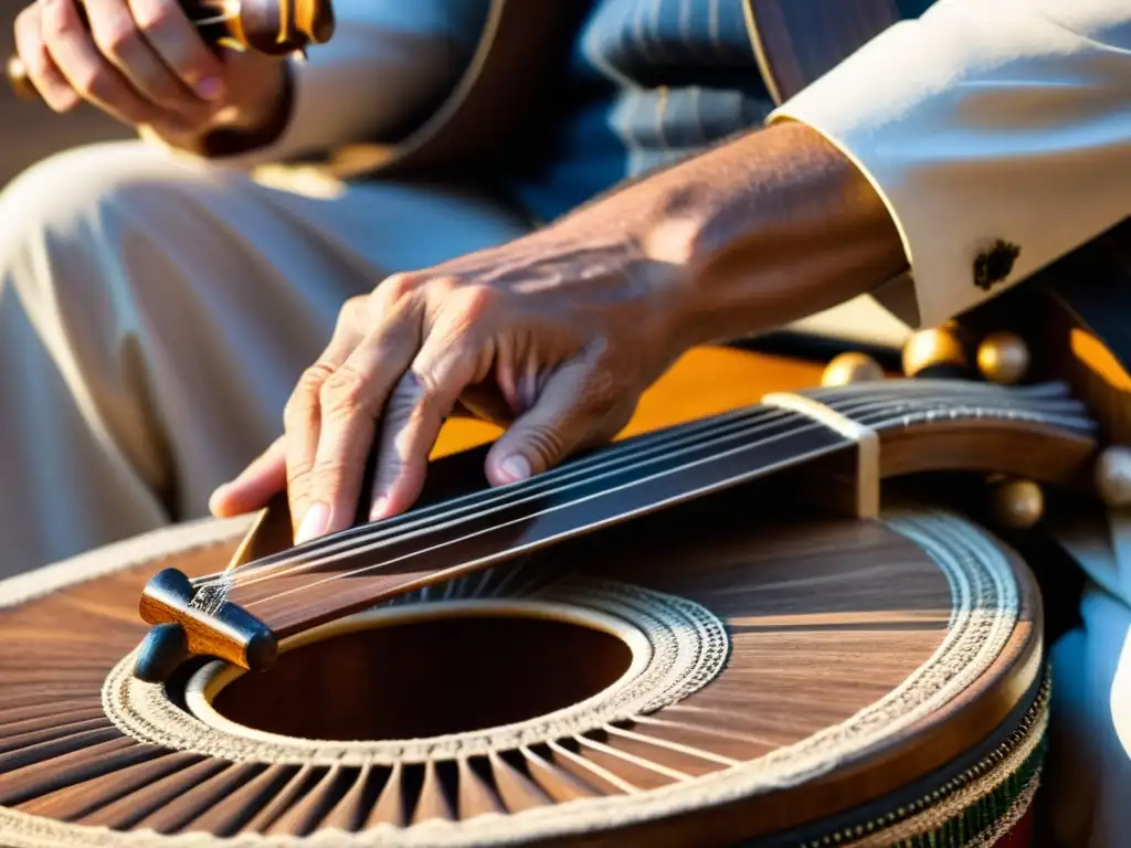 Las hábiles manos de un músico experto tocando el saz turco, capturando la historia y sonido del instrumento