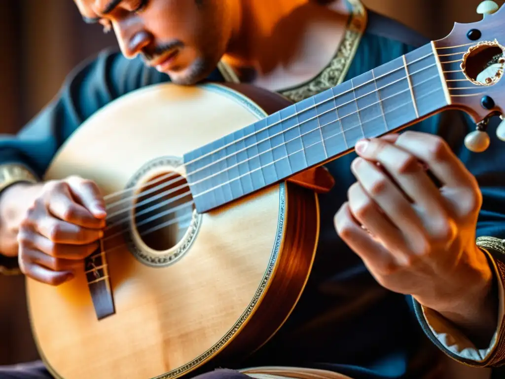 Las hábiles manos de un músico experto ejecutando la técnica de strumming en un antiguo laúd, mostrando concentración y destreza