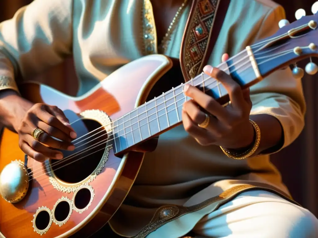 Las hábiles manos de un músico interpretando el sitar, con expresión concentrada