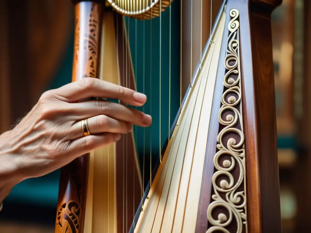 Las hábiles manos de un músico tocan con gracia las cuerdas de un arpa paraguaya, destacando su artesanía y tradición