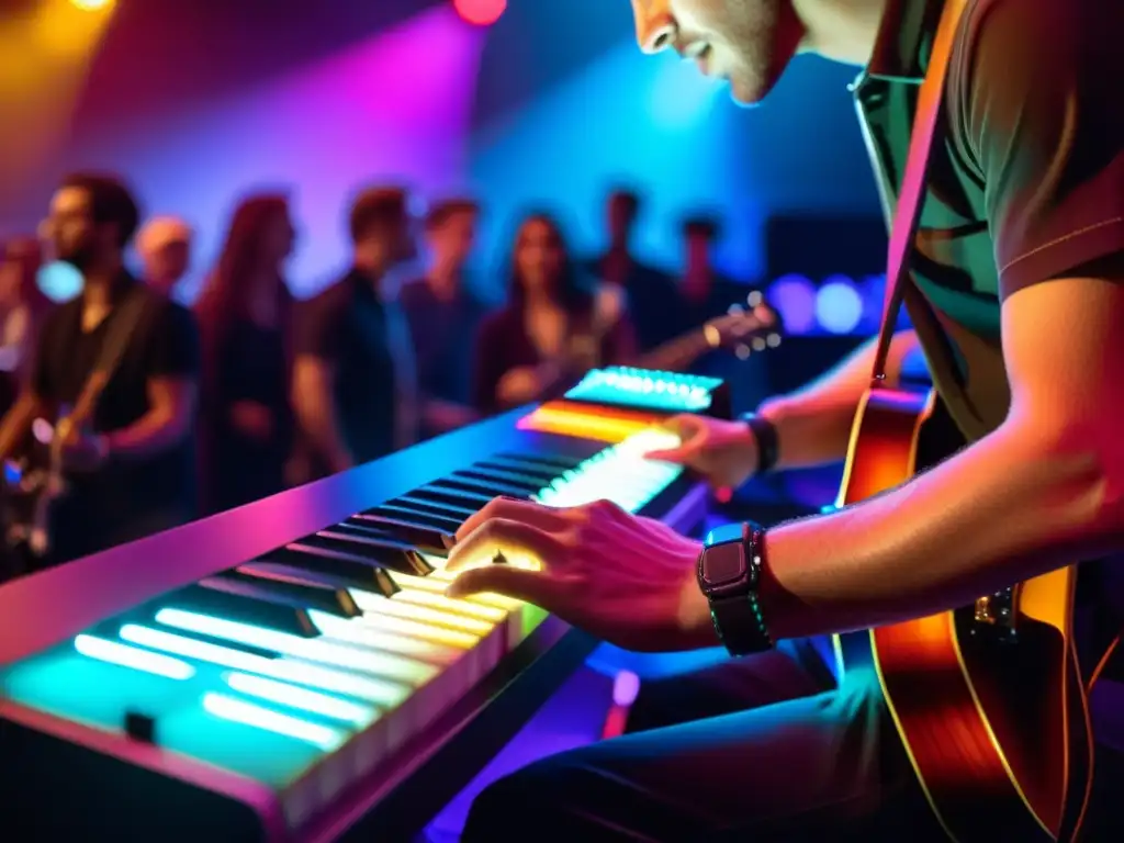 Las hábiles manos del músico dominan la guitarra sintetizada en un escenario vibrante, iluminado por luces dinámicas y una multitud entusiasta