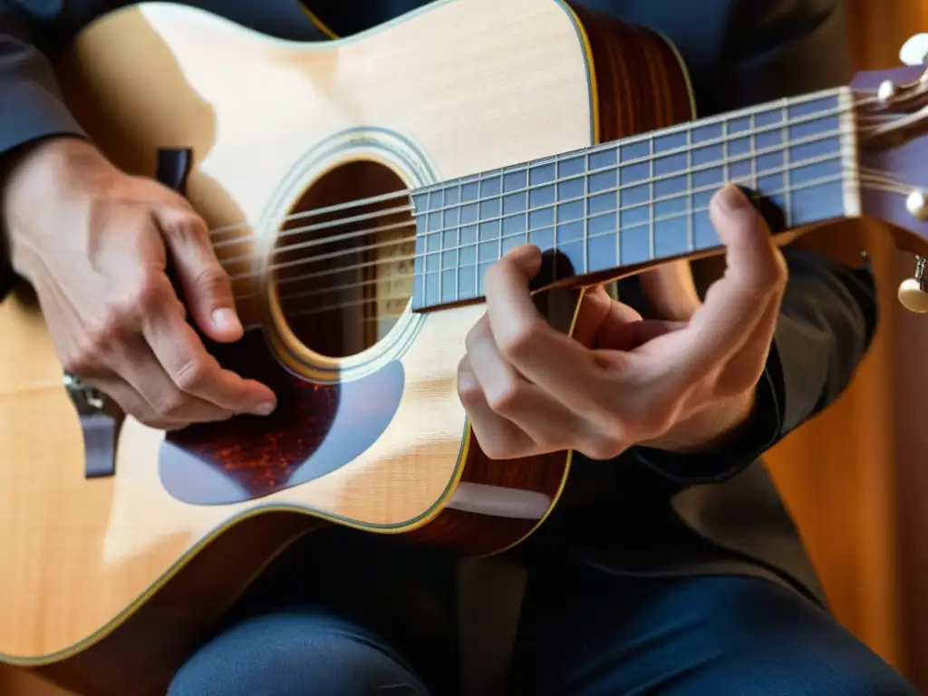 Las hábiles manos del músico tocan la guitarra de 12 cuerdas, mostrando su destreza en el rock alternativo