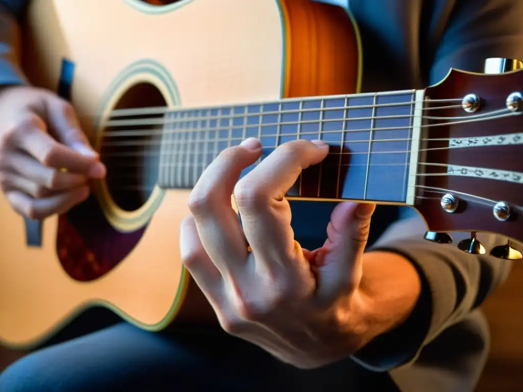 Las hábiles manos de un músico dominando una guitarra de 12 cuerdas en un escenario, transmitiendo la pasión del rock alternativo