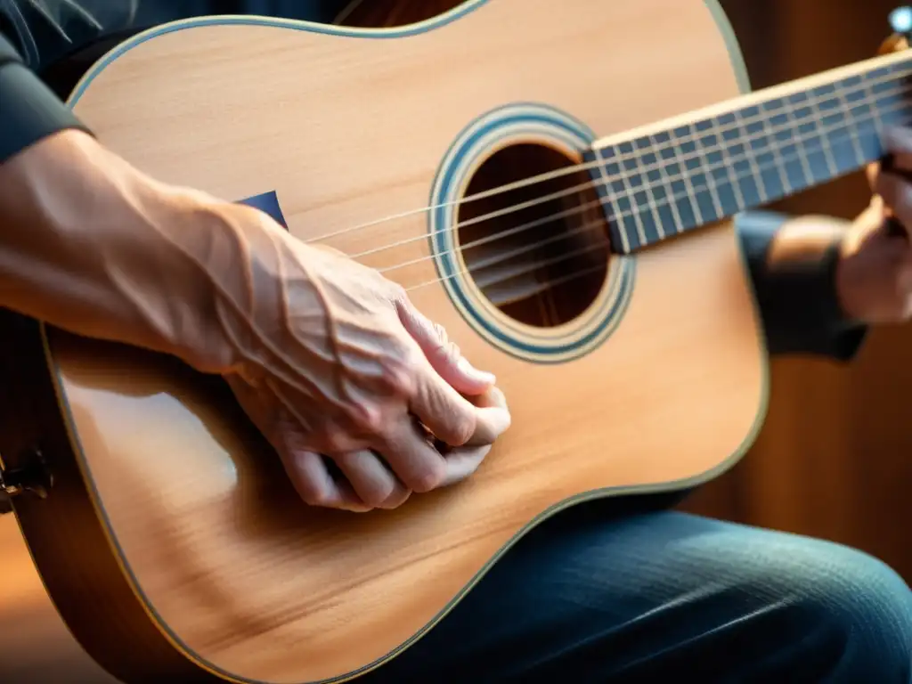 Las hábiles manos de un músico tocando una guitarra acústica, capturando la esencia y el sonido de la guitarra acústica