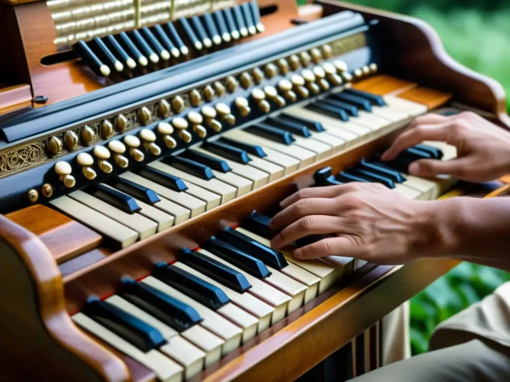 Las hábiles manos de un músico tocando el harmonio con pasión y precisión, evocando la rica historia y sonido del harmonium indio