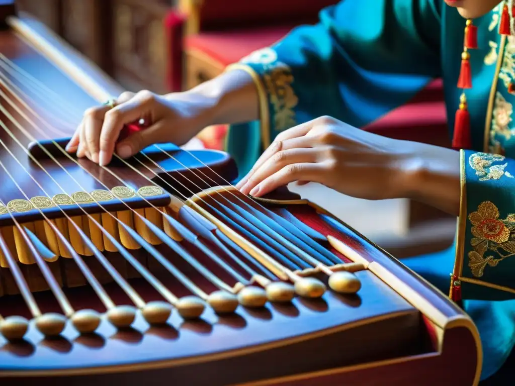 Las hábiles manos de un músico tocan el guzheng, revelando la historia y construcción del instrumento en una atmósfera serena y cálida