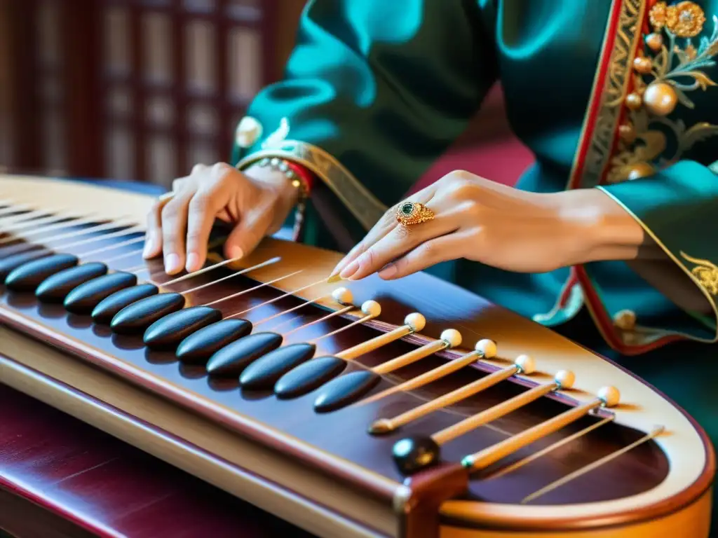 Las hábiles manos del músico tocan el Guzheng, uniendo historia y sonido en una atmósfera de reverencia cultural