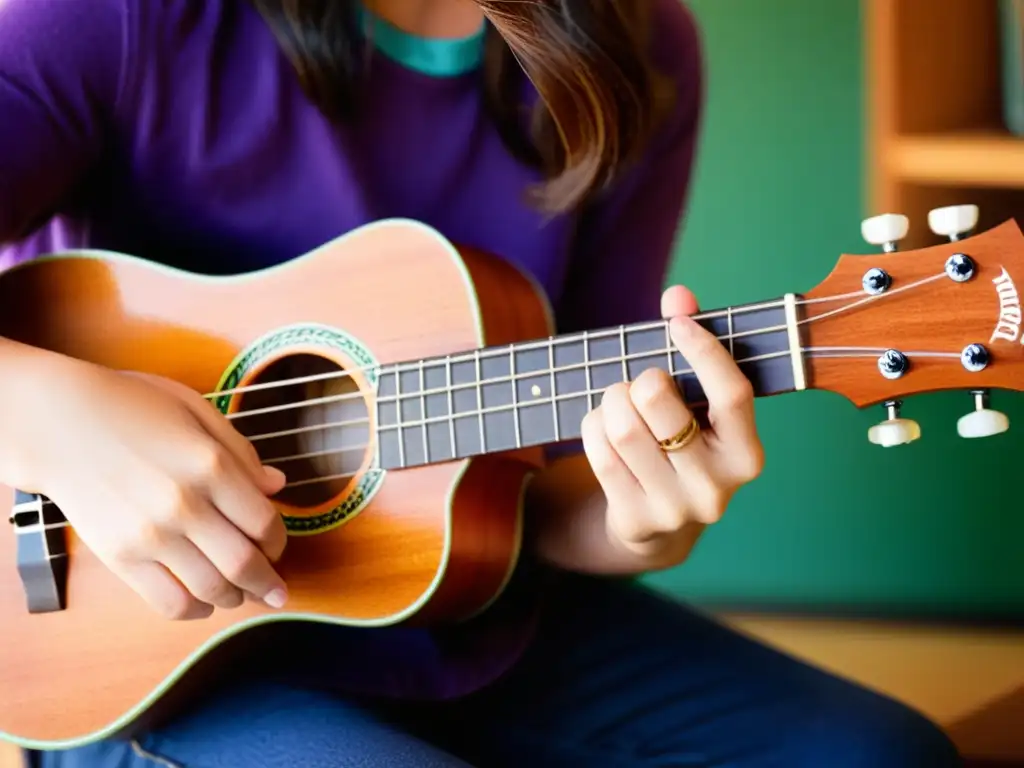 Las hábiles manos del músico dominan el ukelele, transmitiendo la importancia educativa del instrumento en un aula vibrante