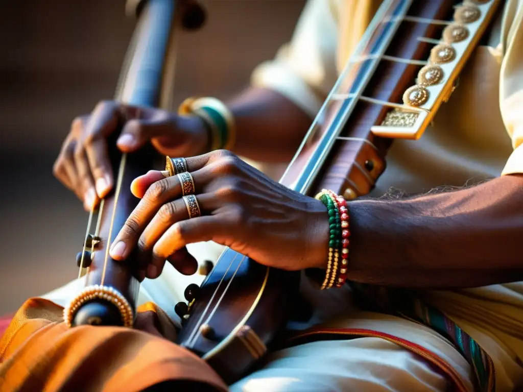 Las hábiles manos de un músico tocando el sarangi indio, iluminadas con suavidad, evocando la historia y construcción del sarangi indio