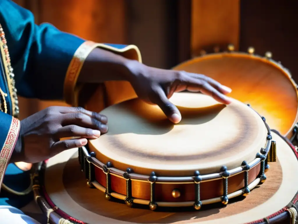 Las hábiles manos de un músico sostienen un kanjira indio, listas para tocar, evocando la historia y el sonido de la tradición musical