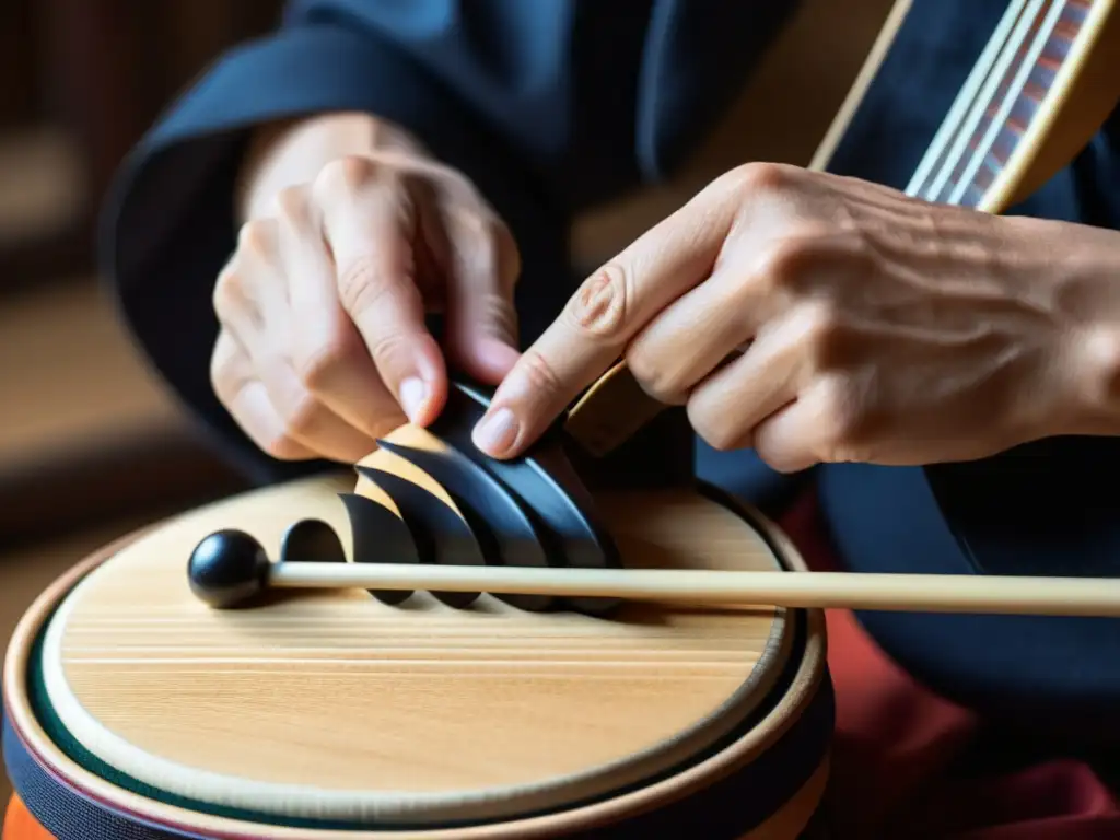 Las hábiles manos de un músico de shamisen tocan con pasión, mostrando la influencia del shamisen en Japón